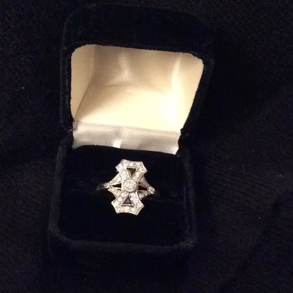 Vintage Art Deco Euro Diamond & Sapphire Ring sz 8 - Picture 2 of 10